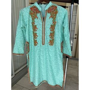 Embroidered And Printed Kurta Shirt W Pockets - Cotton - Light Blue -Size XS 8